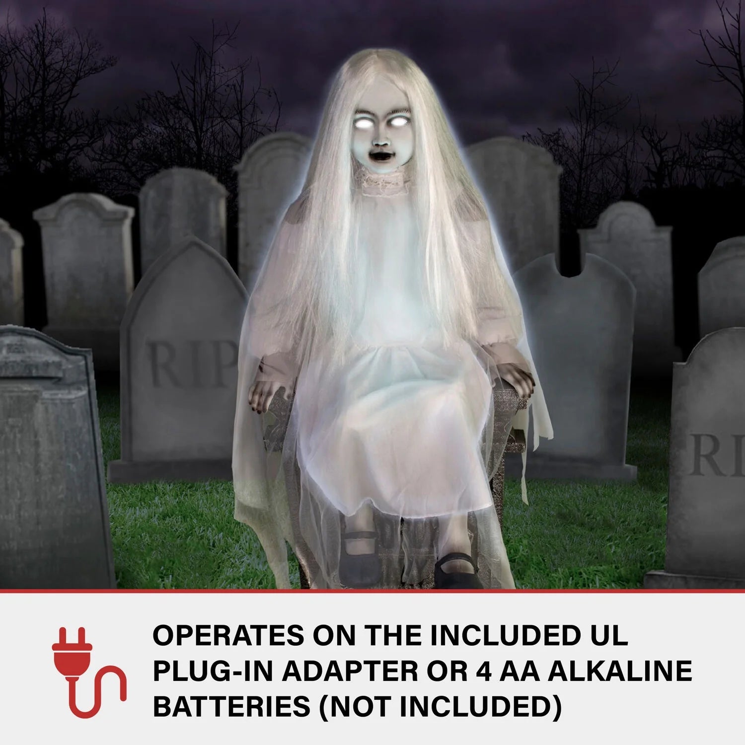 Motion-Activated 4 Ft Sitting Tombstone Girl by Tekky, Premium Talking Halloween Animatronic, Outdoor/Indoor Plug-In or Battery, HHSTMBGRL-1FLSA