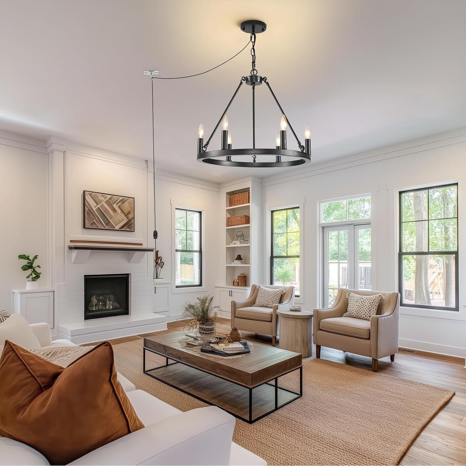 HOXIYA 6 Lights DIMMABLE Plug in Wagon Wheel Chandelier, 20.5" Black