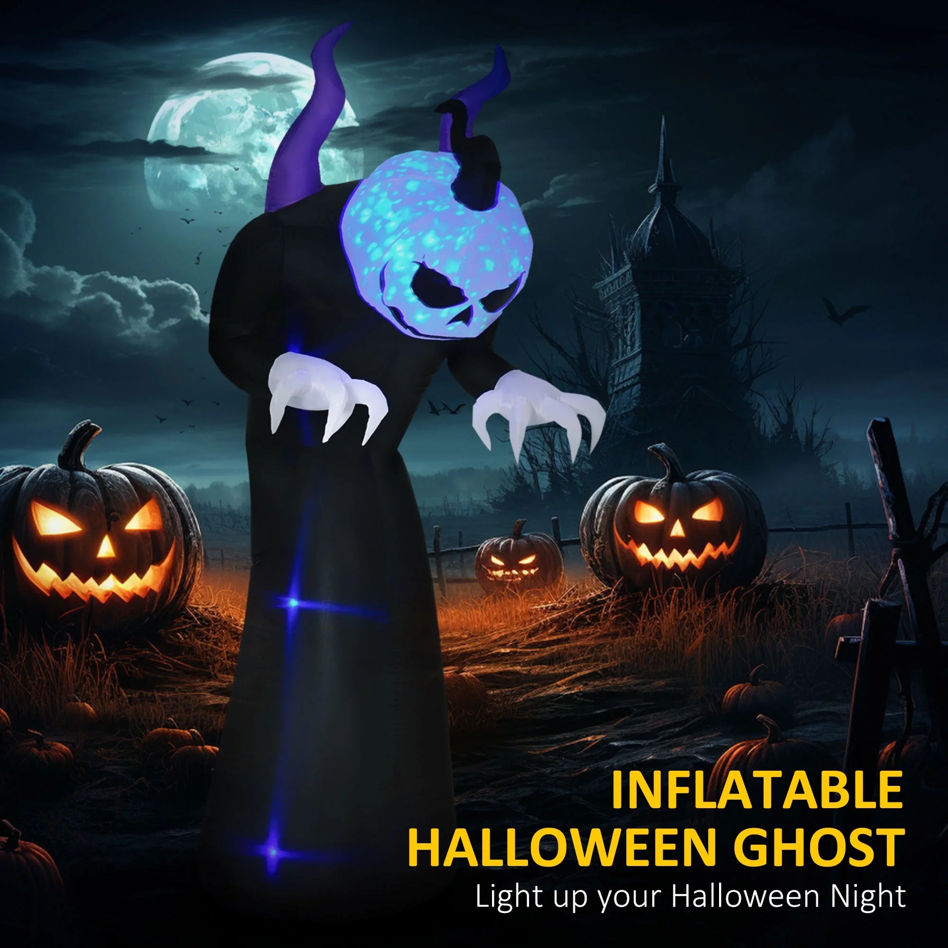 HOMCOM 7' Halloween Inflatables Outdoor Decorations Pumpkin Reaper Decoration, Ghost Blow up LED Yard Decor for Garden, Lawn, Party, Holiday, Waterproof