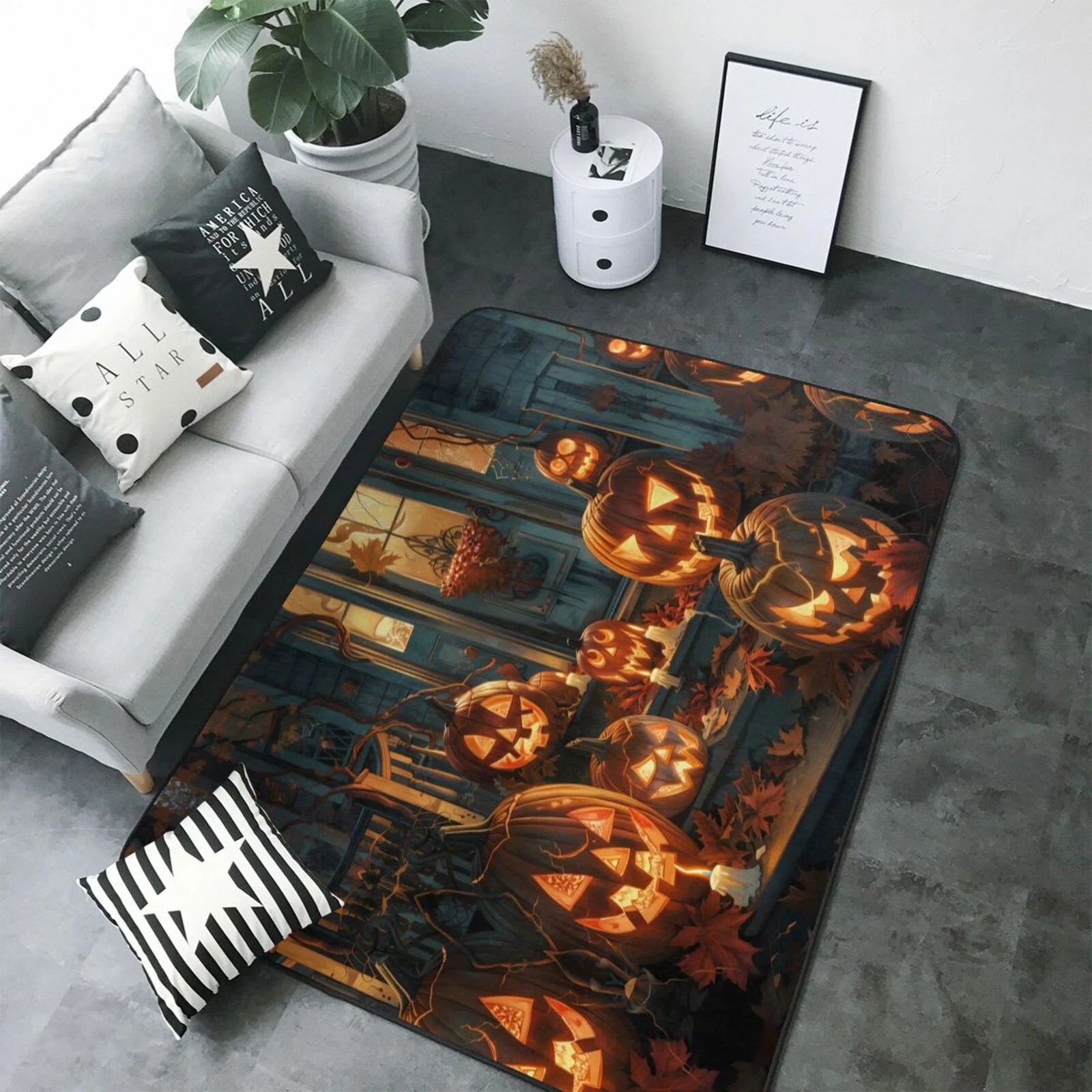 Area Rugs for Living Room Decor - Halloween Doorstep Pumpkin Soft anti Slip Throw Washable Rugs 5X7 for Bedroom, Indoor Carpet for Bedroom Living Room 80X58In