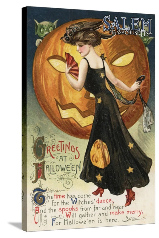 Salem, Massachusetts - Halloween Greeting - Witch Dancing and Pumpkin - Vintage Artwork Stretched Canvas Print Wall Art by Lantern Press, 24" X 36"