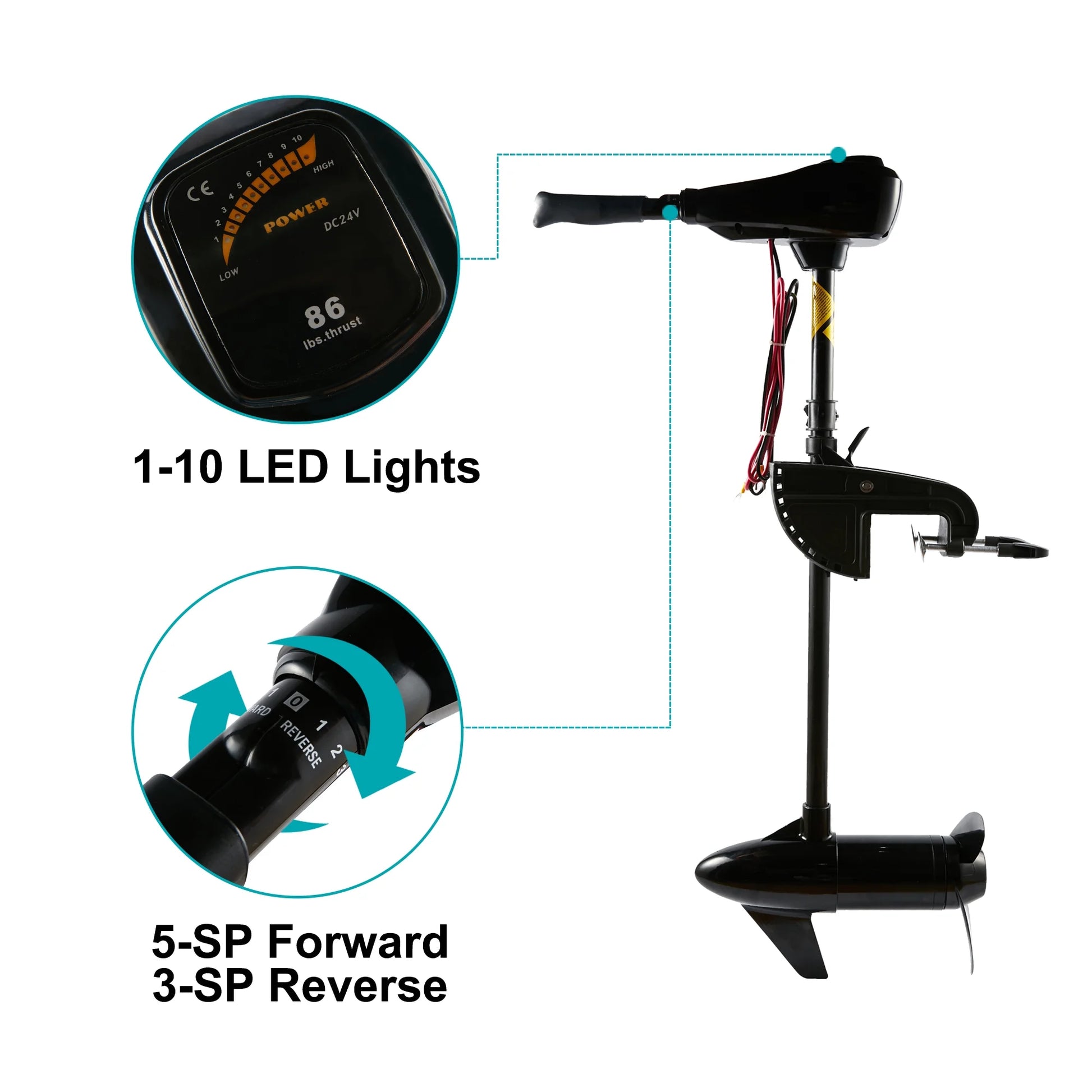 86 Lbs Thrust 8 Speed, Electric Outboard Trolling Motor with Adjustable Handle, Suitable for Saltwater and Freshwater Fishing Boats Stern Installation,24V 30" Shaft