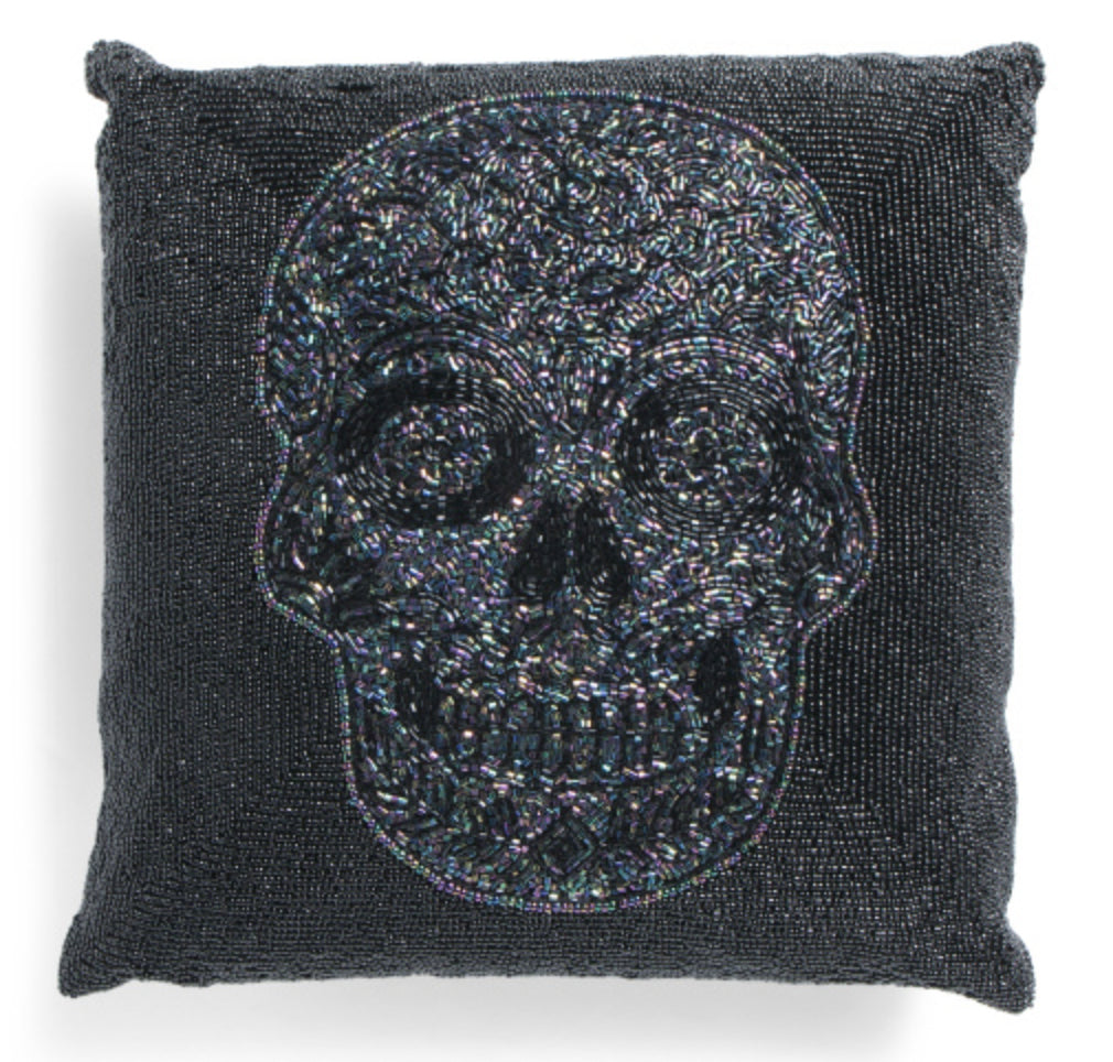 4 Halloween Iridescent Skull Black Beaded Throw Set Pillow Day of the Dead Decor
