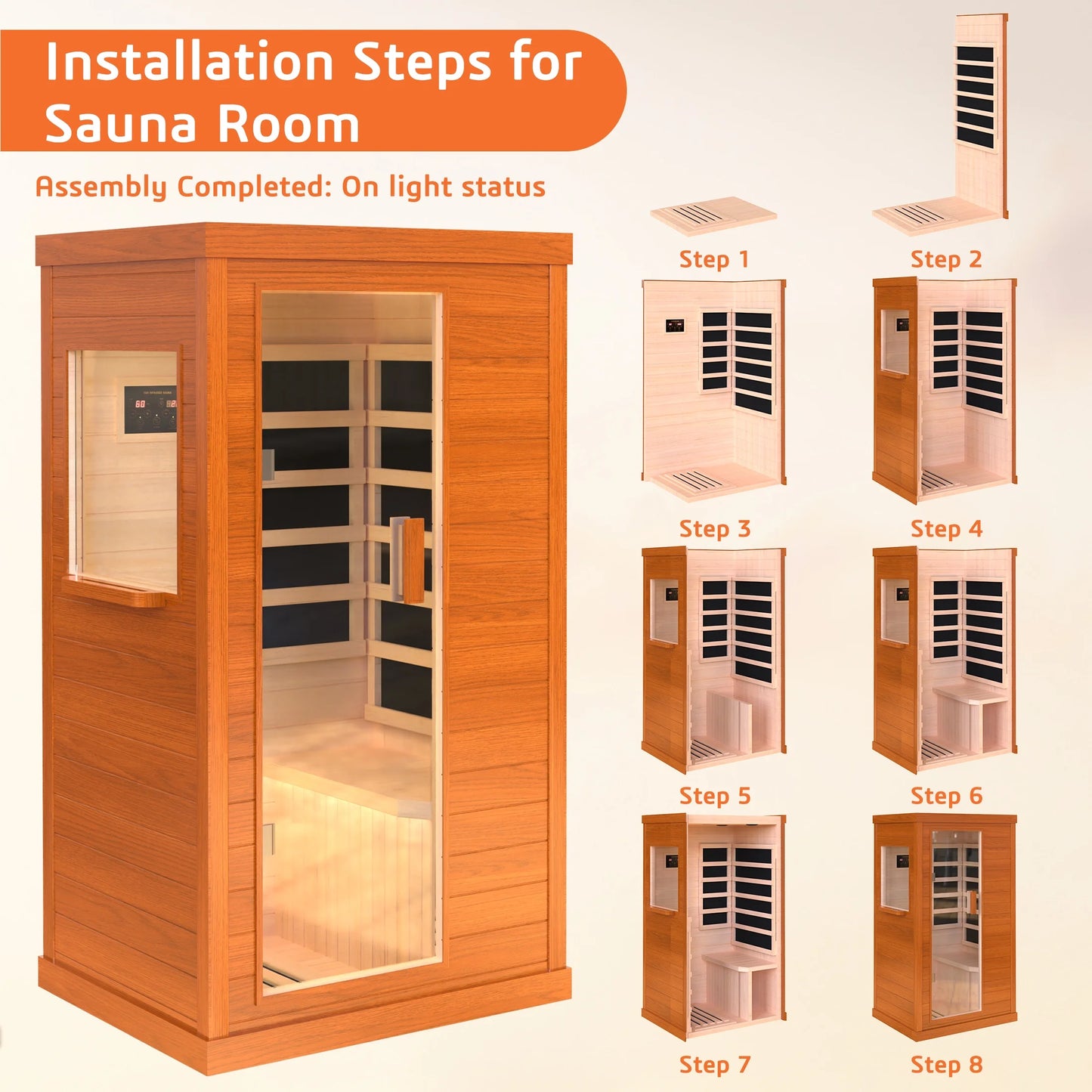 1 Person Infrared Sauna, Okoume Wood Far Infrared Saunas for Home, 900Watt Indoor Personal Sauna Room Box with Control Panel, Glass Door, Blue-Tooth