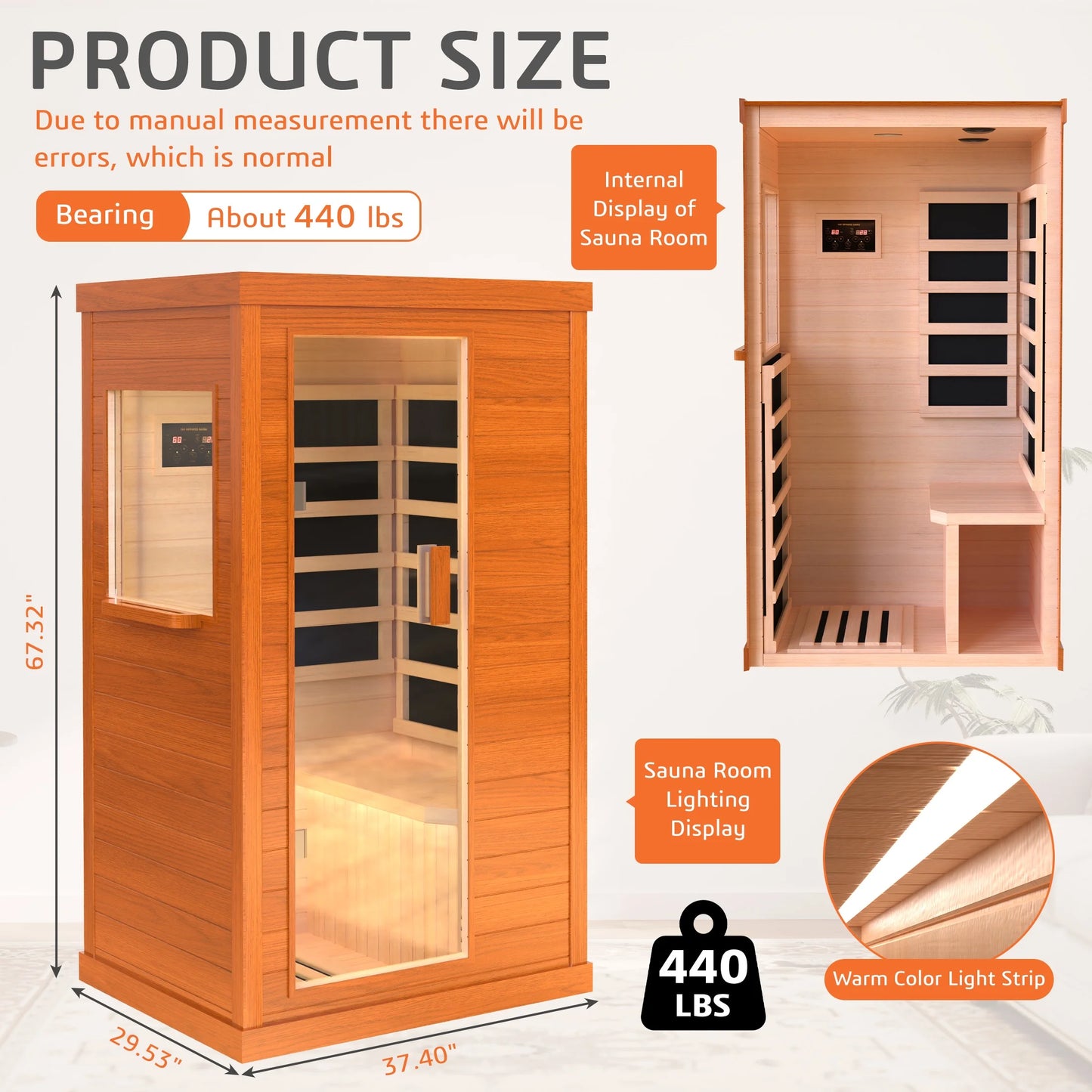 1 Person Infrared Sauna, Okoume Wood Far Infrared Saunas for Home, 900Watt Indoor Personal Sauna Room Box with Control Panel, Glass Door, Blue-Tooth