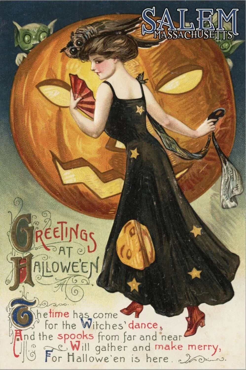 Salem, Massachusetts - Halloween Greeting - Witch Dancing and Pumpkin - Vintage Artwork Stretched Canvas Print Wall Art by Lantern Press, 24" X 36"