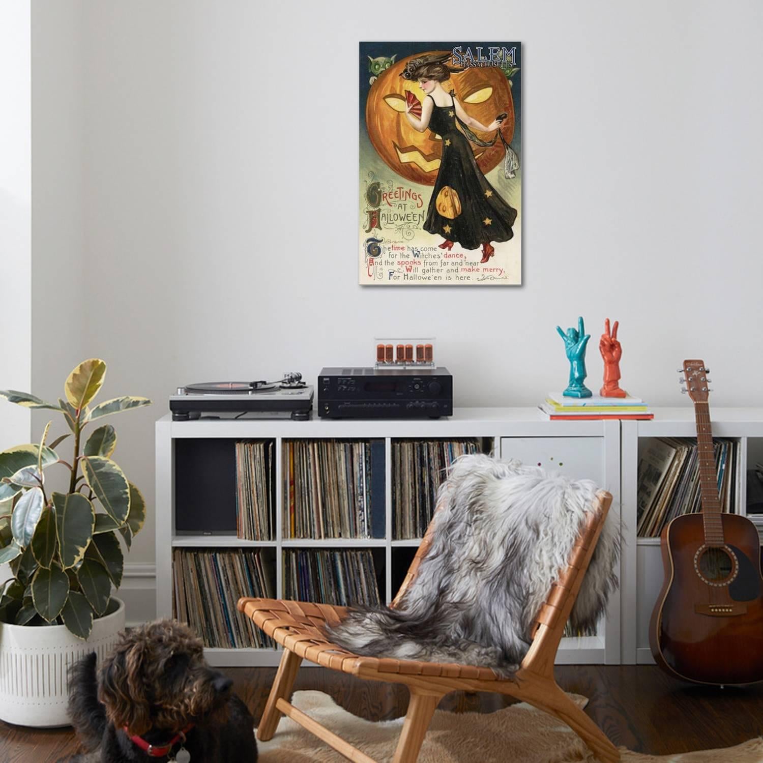 Salem, Massachusetts - Halloween Greeting - Witch Dancing and Pumpkin - Vintage Artwork Stretched Canvas Print Wall Art by Lantern Press, 24" X 36"