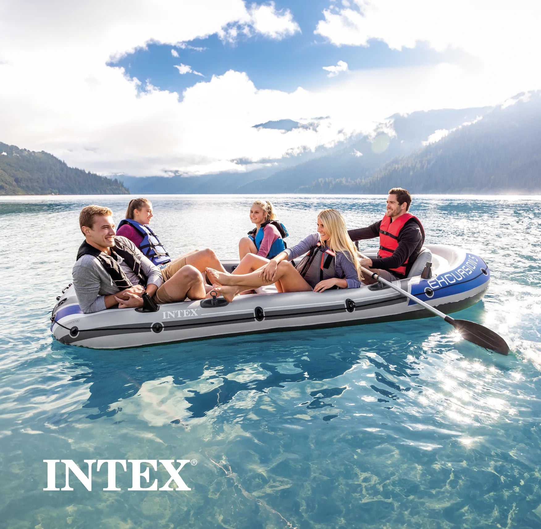 Excursion Inflatable 5 Person Water Fishing River Boat Raft Set Oars