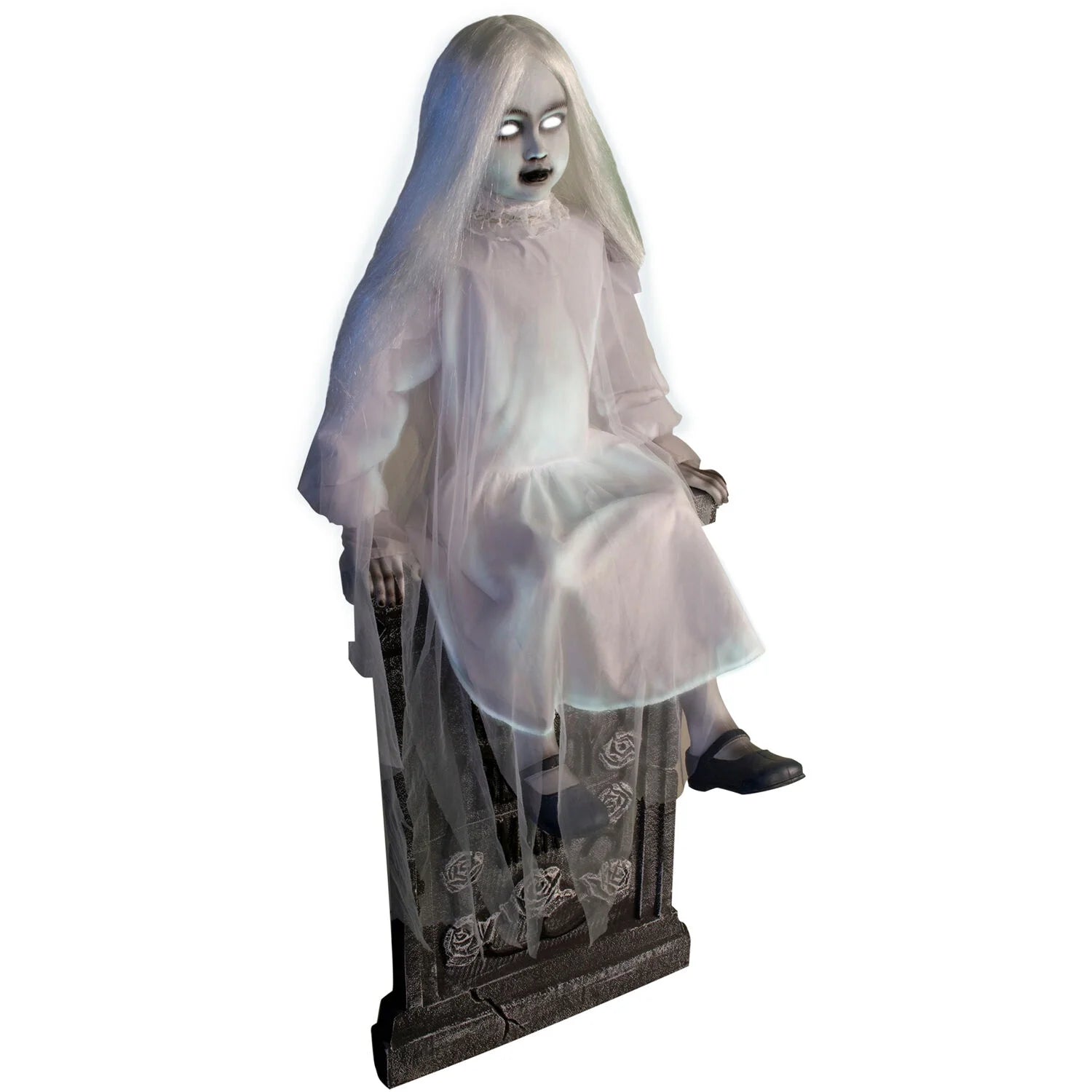 Motion-Activated 4 Ft Sitting Tombstone Girl by Tekky, Premium Talking Halloween Animatronic, Outdoor/Indoor Plug-In or Battery, HHSTMBGRL-1FLSA