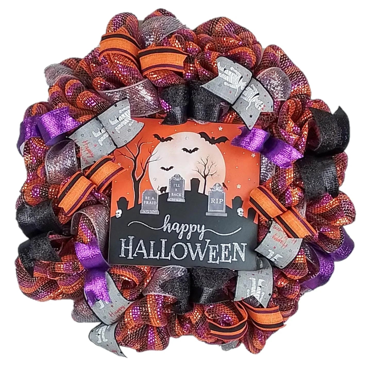 Graveyard Wreath, Happy Halloween Front Door Wreaths, Halloween Wreath for Front Door, Black Orange Purple Silver Wreath