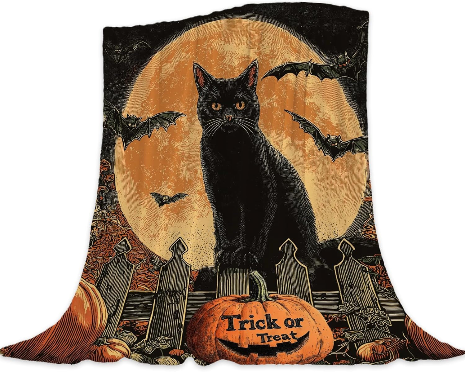 Halloween Throw Blanket Vintage Pumpkin Cat Throw Blanket Lightweight Fuzzy Cozy