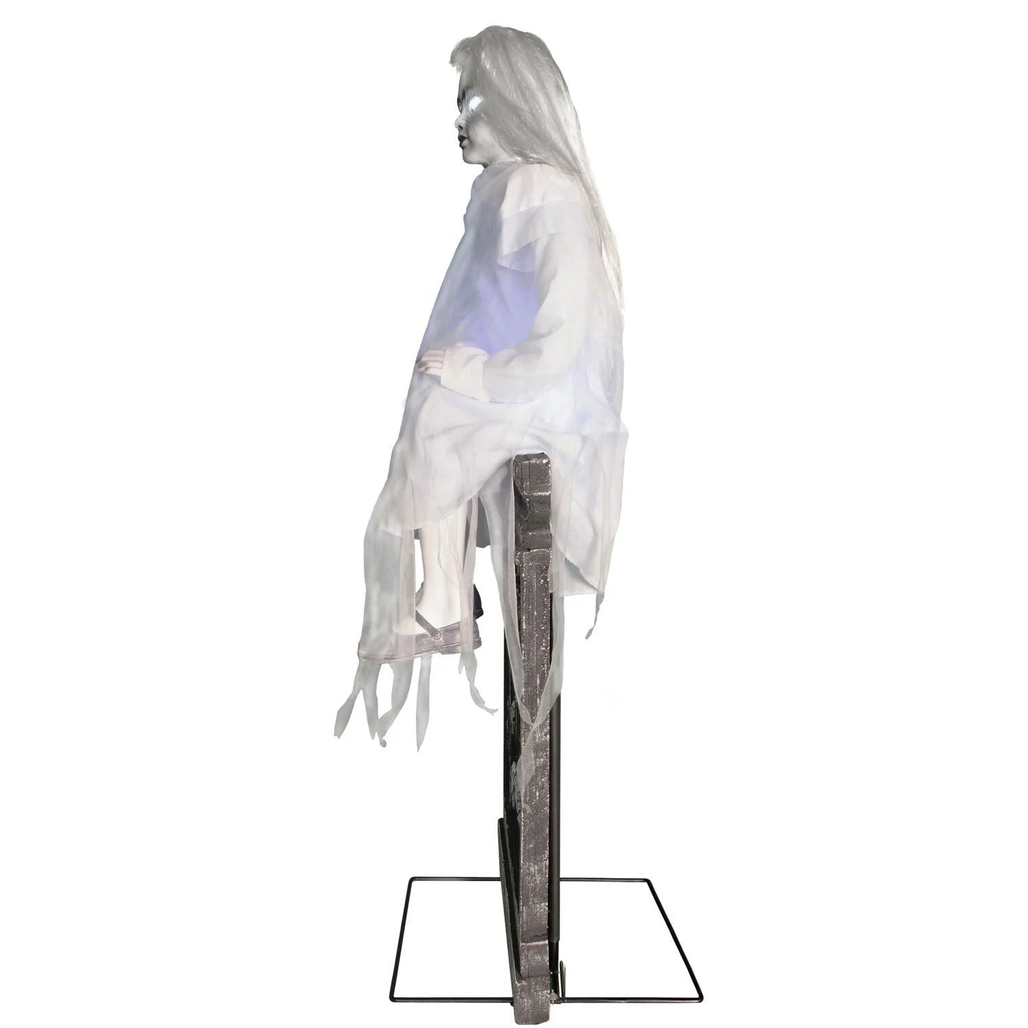 Motion-Activated 4 Ft Sitting Tombstone Girl by Tekky, Premium Talking Halloween Animatronic, Outdoor/Indoor Plug-In or Battery, HHSTMBGRL-1FLSA