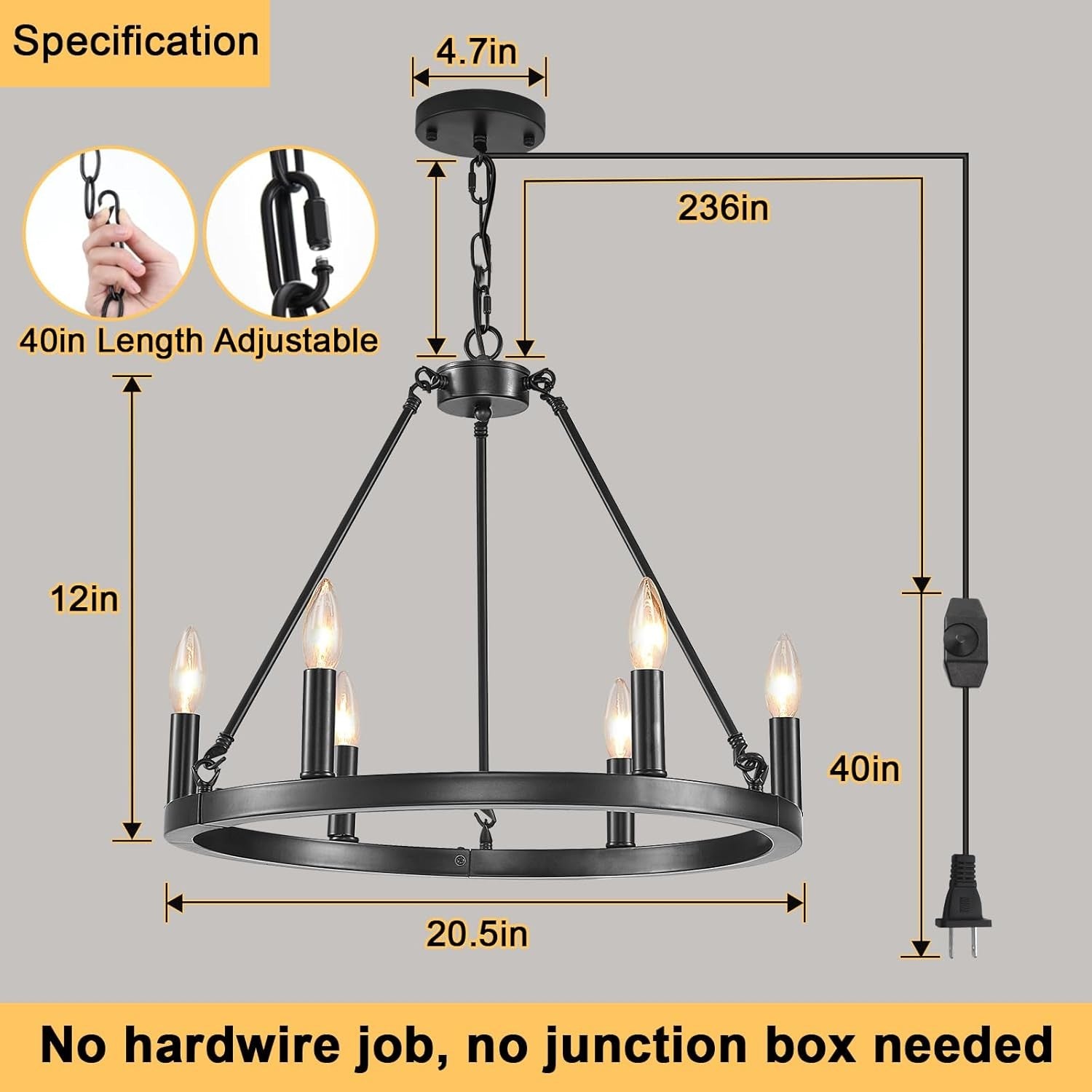 HOXIYA 6 Lights DIMMABLE Plug in Wagon Wheel Chandelier, 20.5" Black