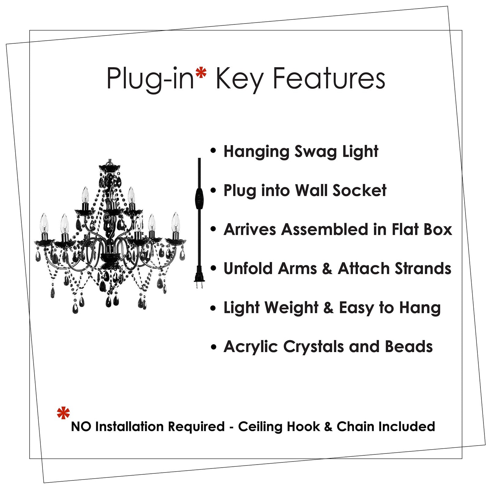 The Original Brink House Plug-In 9 Light Black Hanging Swag Chandelier H26”Xw...