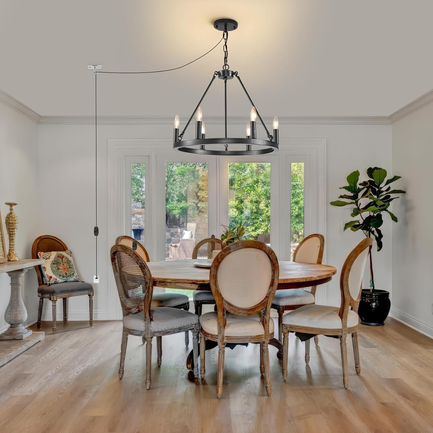 HOXIYA 6 Lights DIMMABLE Plug in Wagon Wheel Chandelier, 20.5" Black