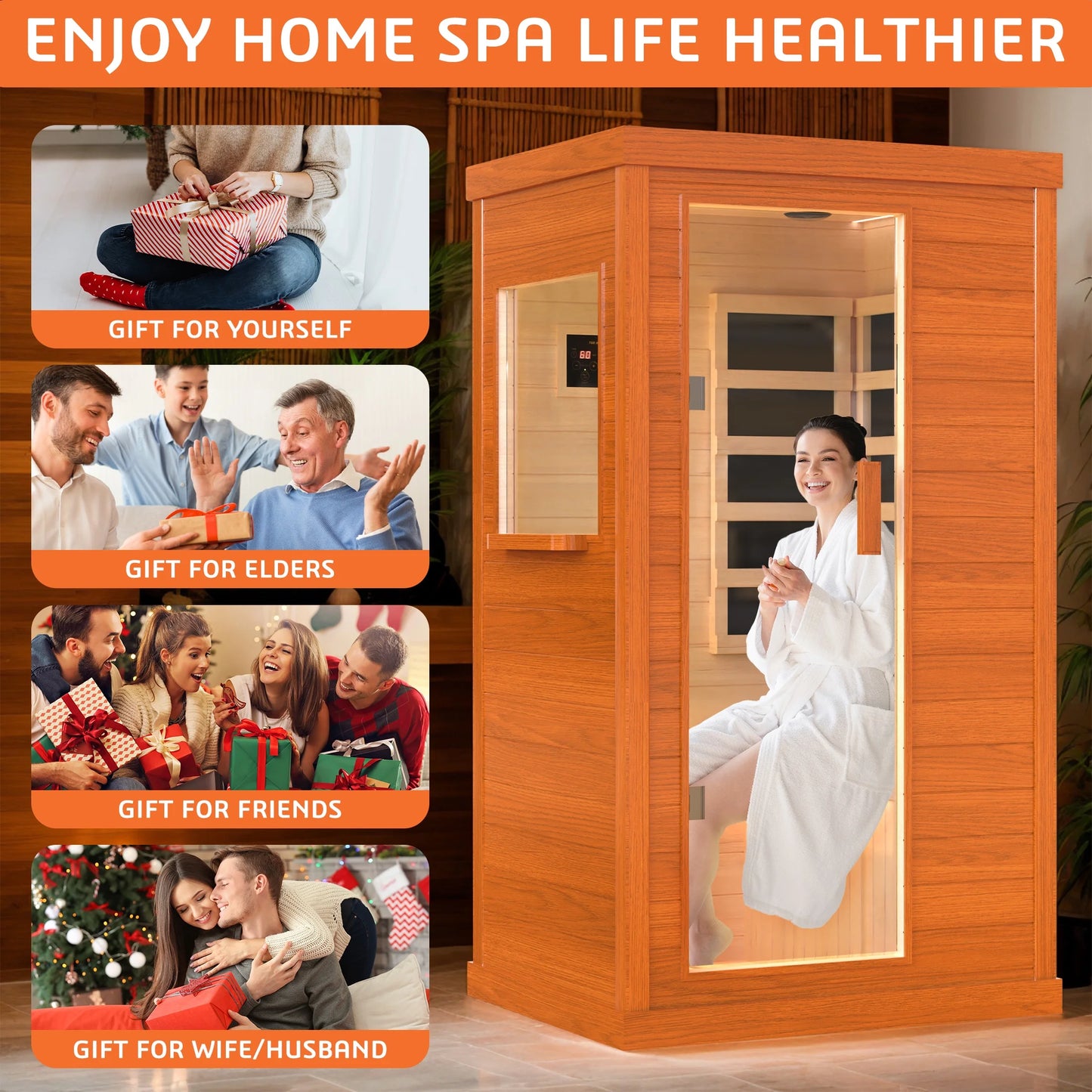 1 Person Infrared Sauna, Okoume Wood Far Infrared Saunas for Home, 900Watt Indoor Personal Sauna Room Box with Control Panel, Glass Door, Blue-Tooth