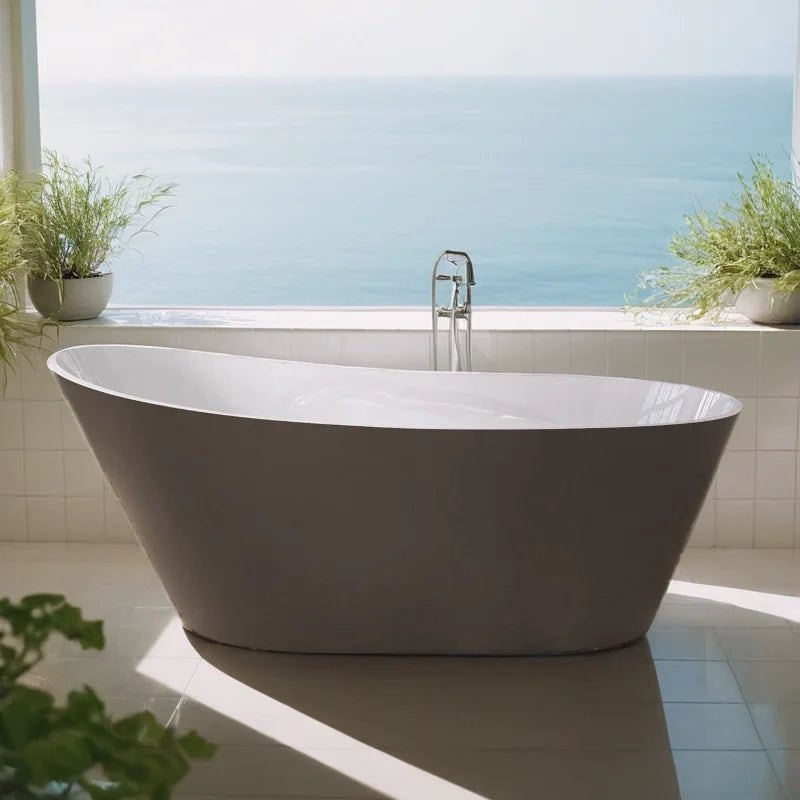 67" Acrylic Freestanding Bathtub, Matte Grey Modern Stand Alone Soaking Bathtub, Brushed Nickel Drain and Minimalist Linear Desi