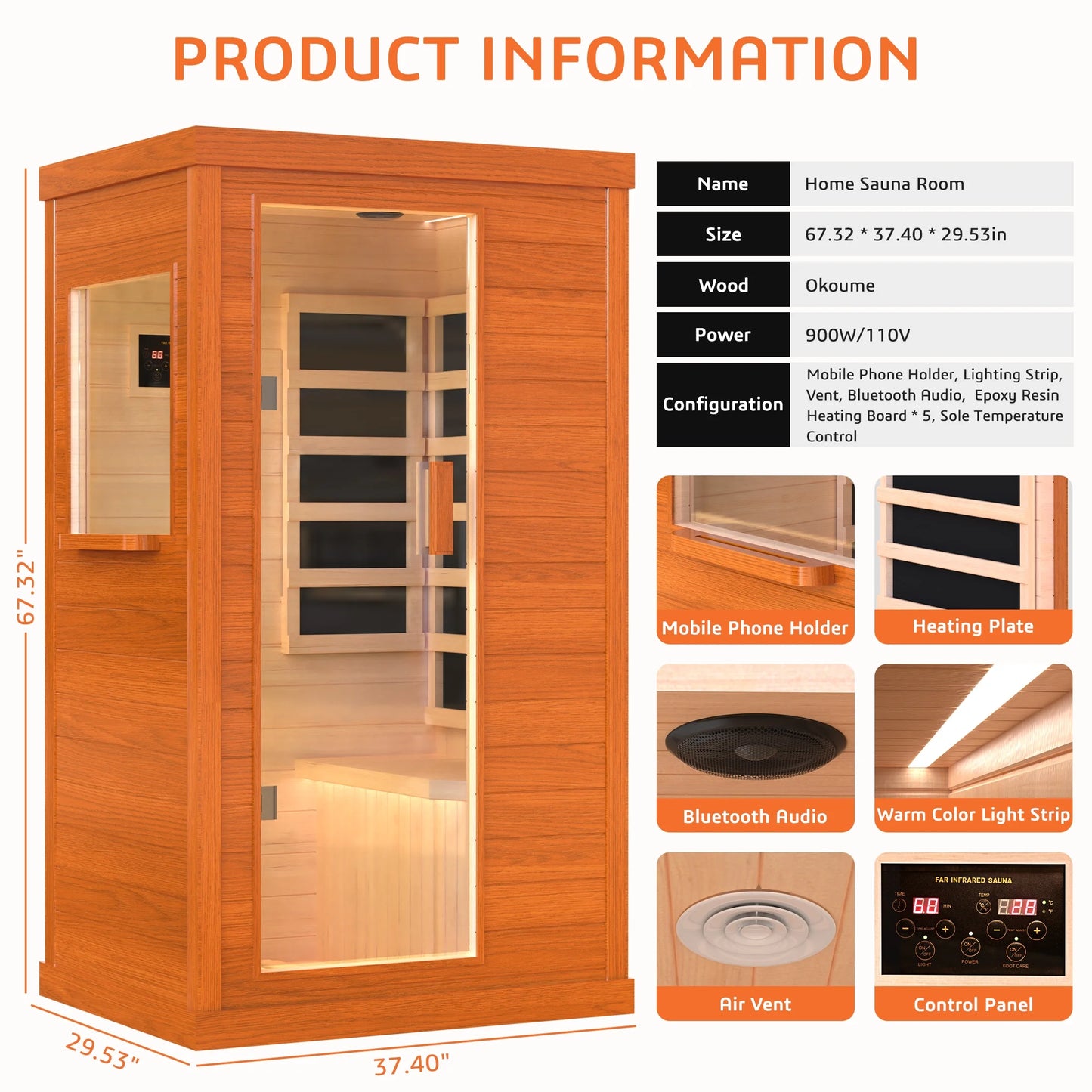 1 Person Infrared Sauna, Okoume Wood Far Infrared Saunas for Home, 900Watt Indoor Personal Sauna Room Box with Control Panel, Glass Door, Blue-Tooth