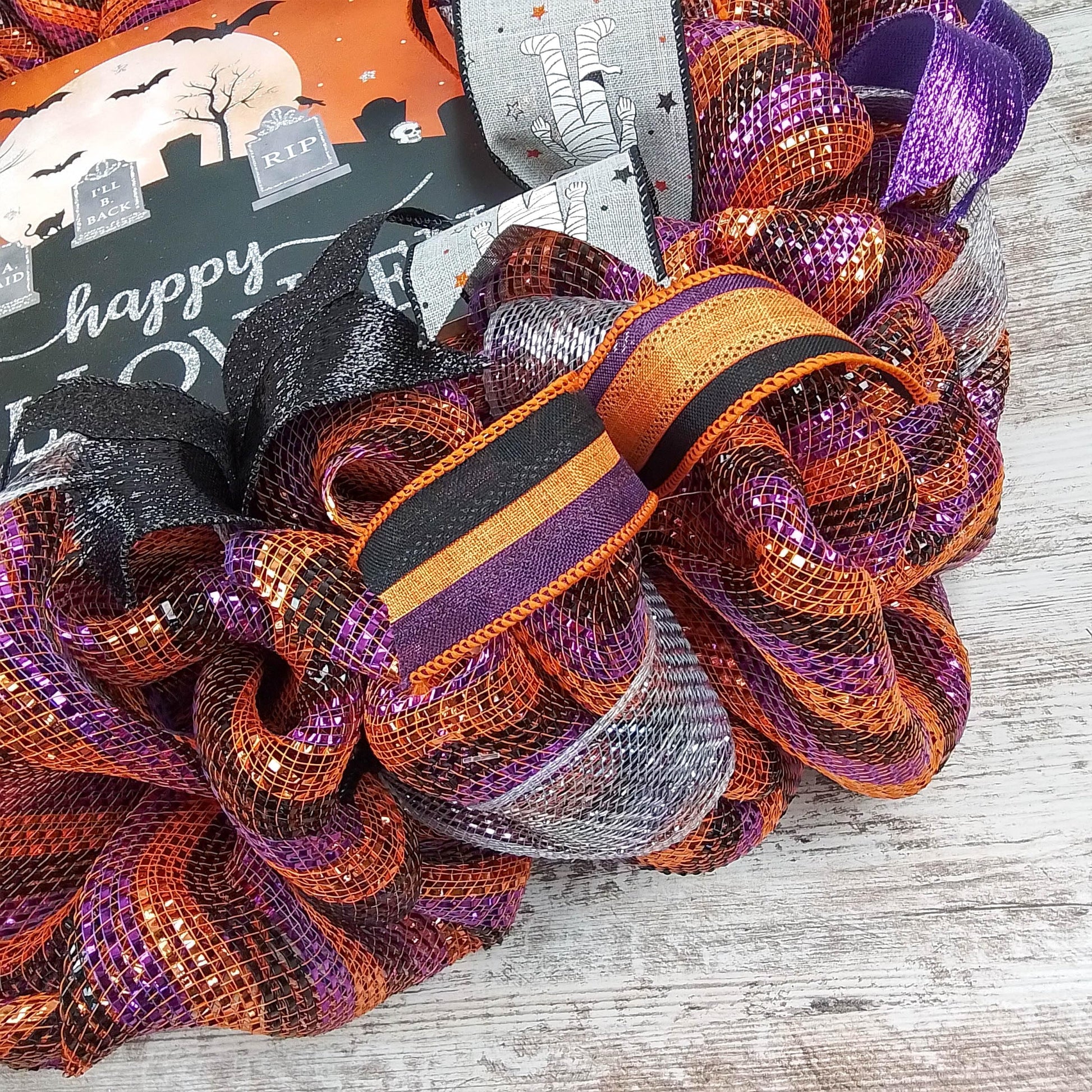 Graveyard Wreath, Happy Halloween Front Door Wreaths, Halloween Wreath for Front Door, Black Orange Purple Silver Wreath