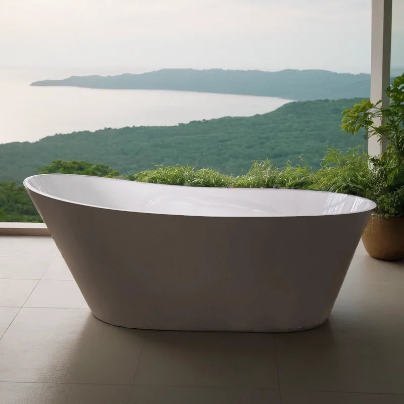 67" Acrylic Freestanding Bathtub, Matte Grey Modern Stand Alone Soaking Bathtub, Brushed Nickel Drain and Minimalist Linear Desi