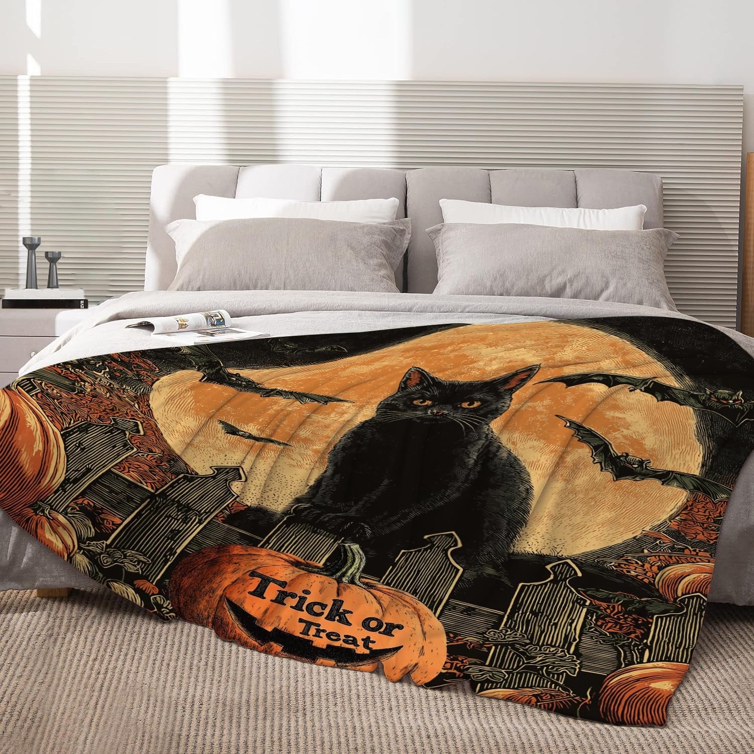 Halloween Throw Blanket Vintage Pumpkin Cat Throw Blanket Lightweight Fuzzy Cozy