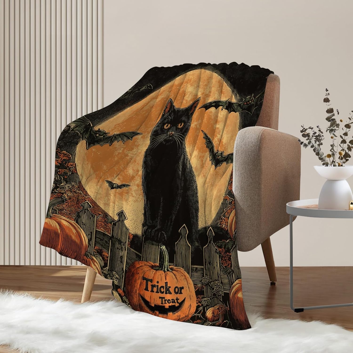 Halloween Throw Blanket Vintage Pumpkin Cat Throw Blanket Lightweight Fuzzy Cozy