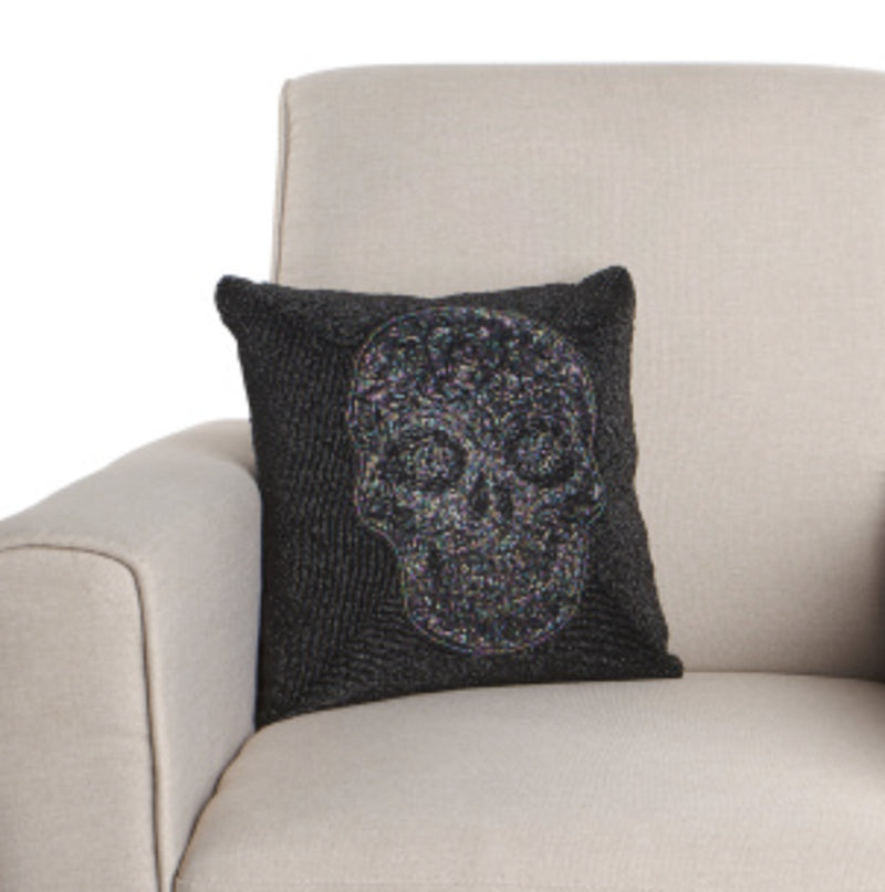 4 Halloween Iridescent Skull Black Beaded Throw Set Pillow Day of the Dead Decor