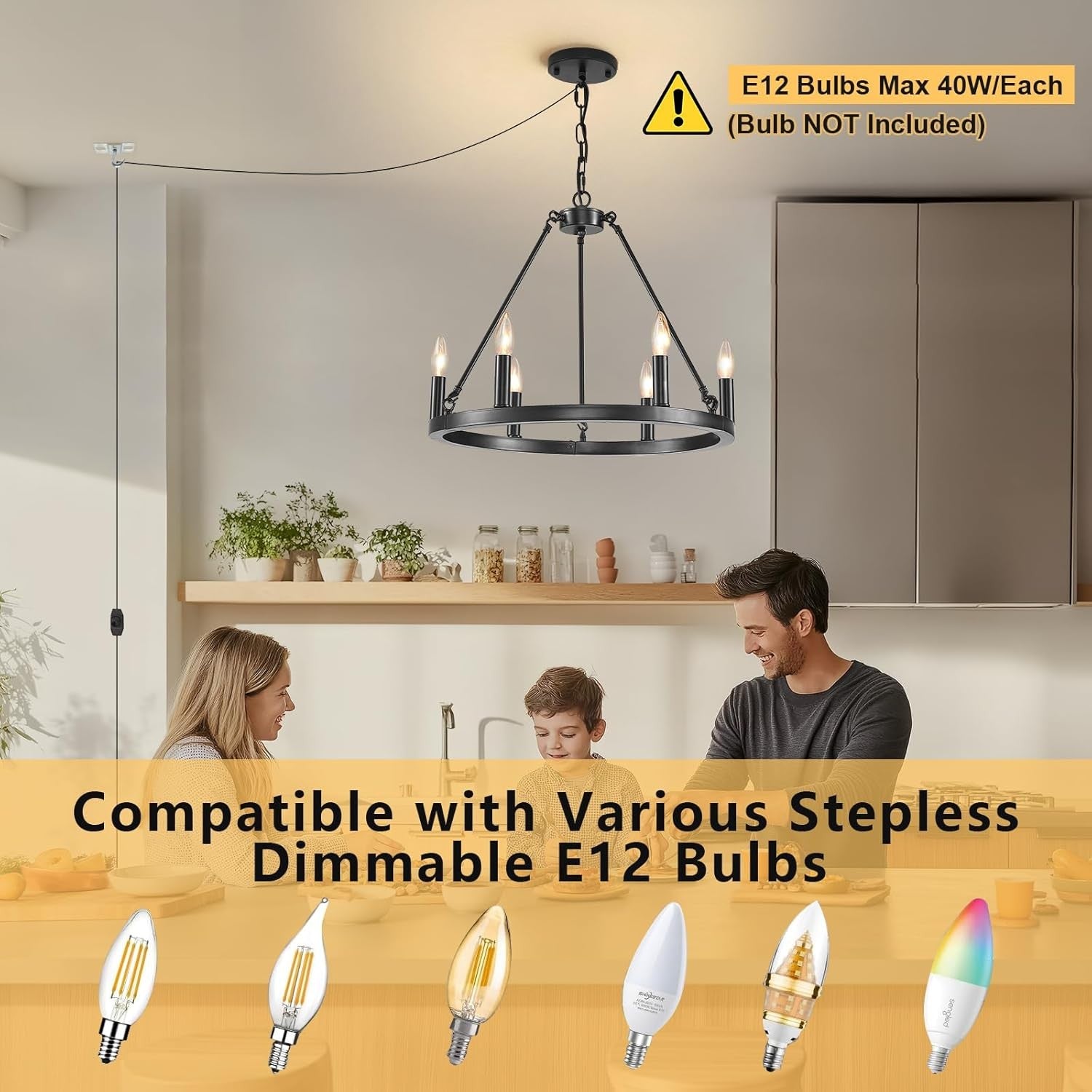 HOXIYA 6 Lights DIMMABLE Plug in Wagon Wheel Chandelier, 20.5" Black