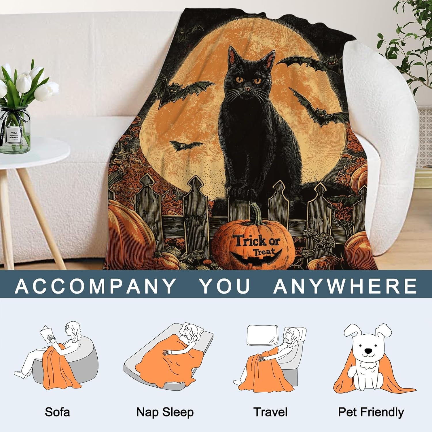 Halloween Throw Blanket Vintage Pumpkin Cat Throw Blanket Lightweight Fuzzy Cozy