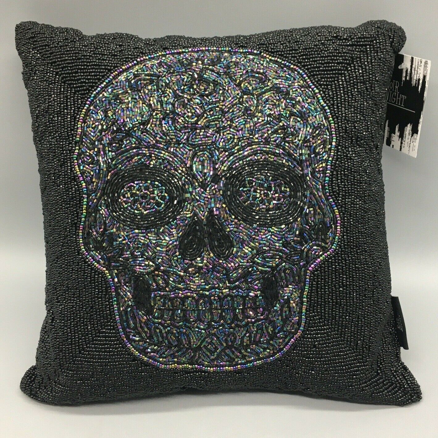 4 Halloween Iridescent Skull Black Beaded Throw Set Pillow Day of the Dead Decor