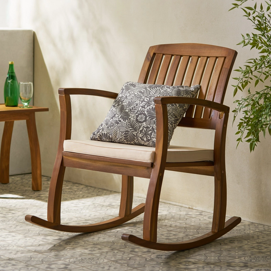 Rocking Lawn Chair Outdoor Porch Patio Rocker with Cushion Acacia Wood