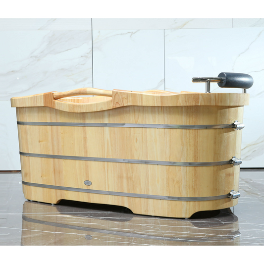 Freestanding Tub Wood Bath Tub Stand Alone Bath With Cushion Headrest 61"