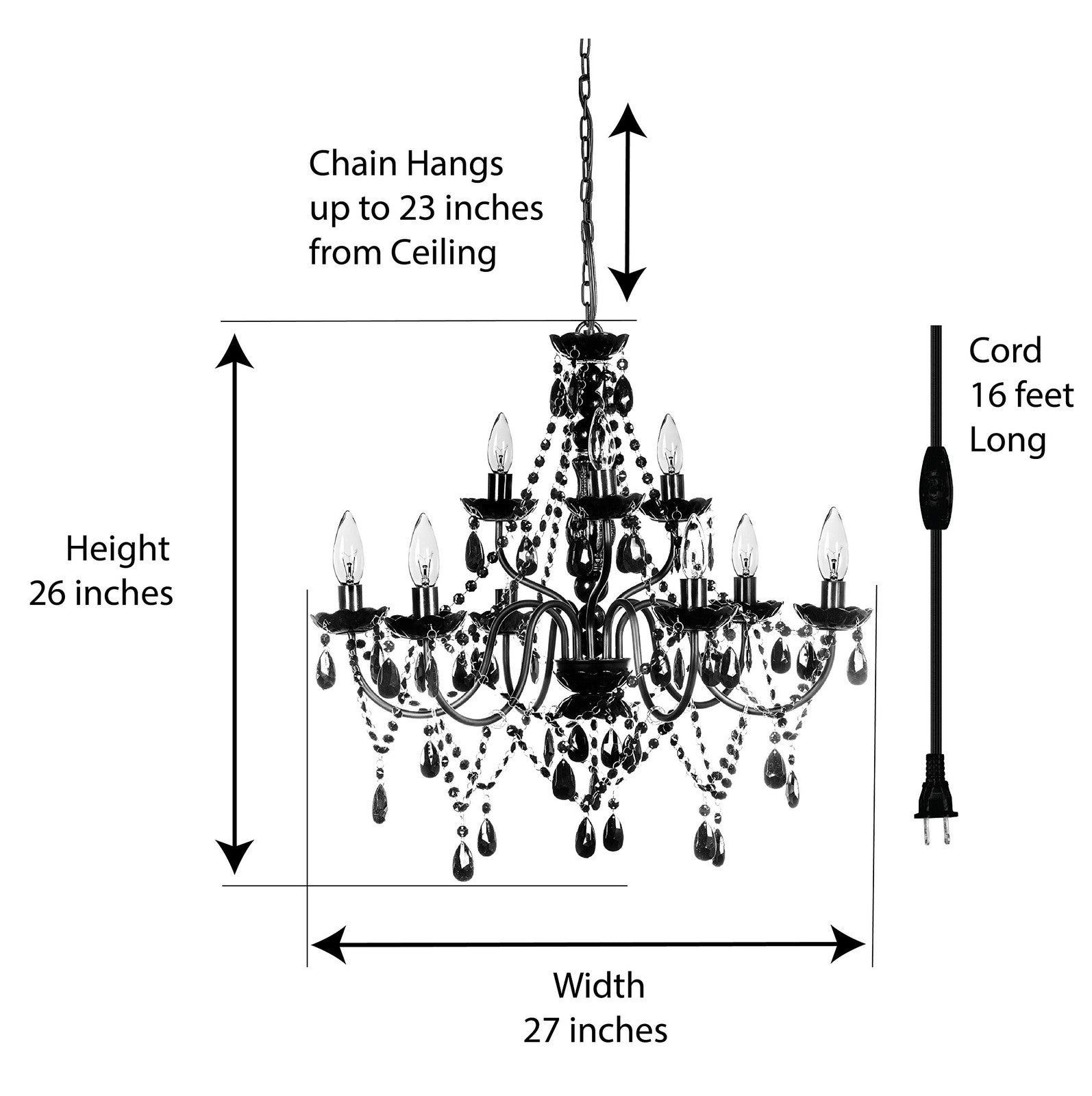 The Original Brink House Plug-In 9 Light Black Hanging Swag Chandelier H26”Xw...