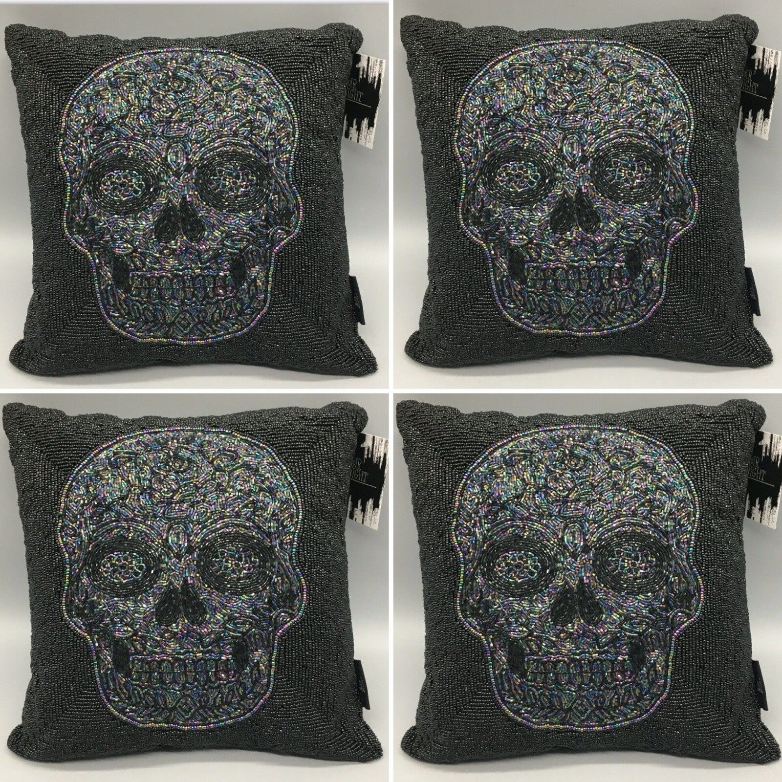 4 Halloween Iridescent Skull Black Beaded Throw Set Pillow Day of the Dead Decor
