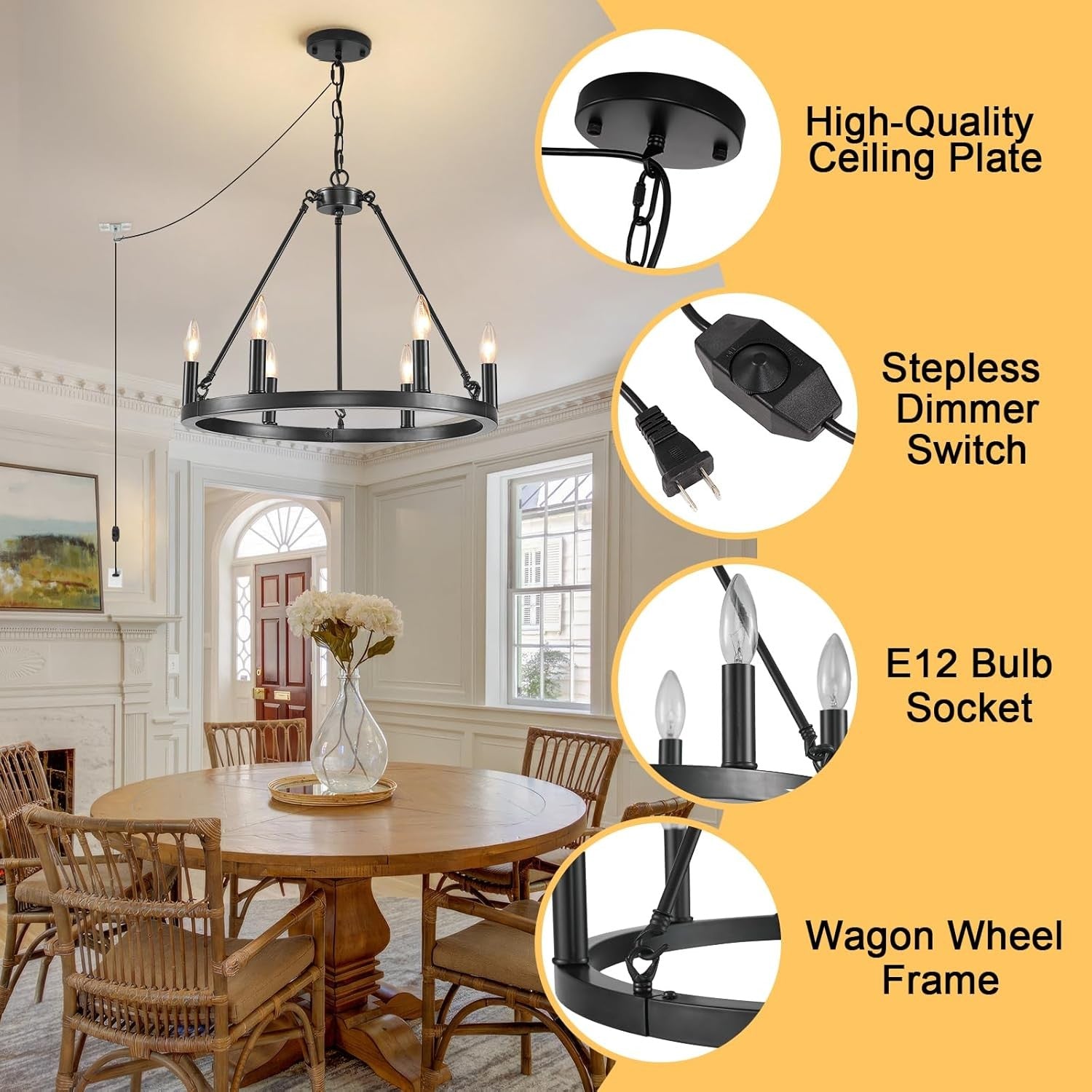 HOXIYA 6 Lights DIMMABLE Plug in Wagon Wheel Chandelier, 20.5" Black