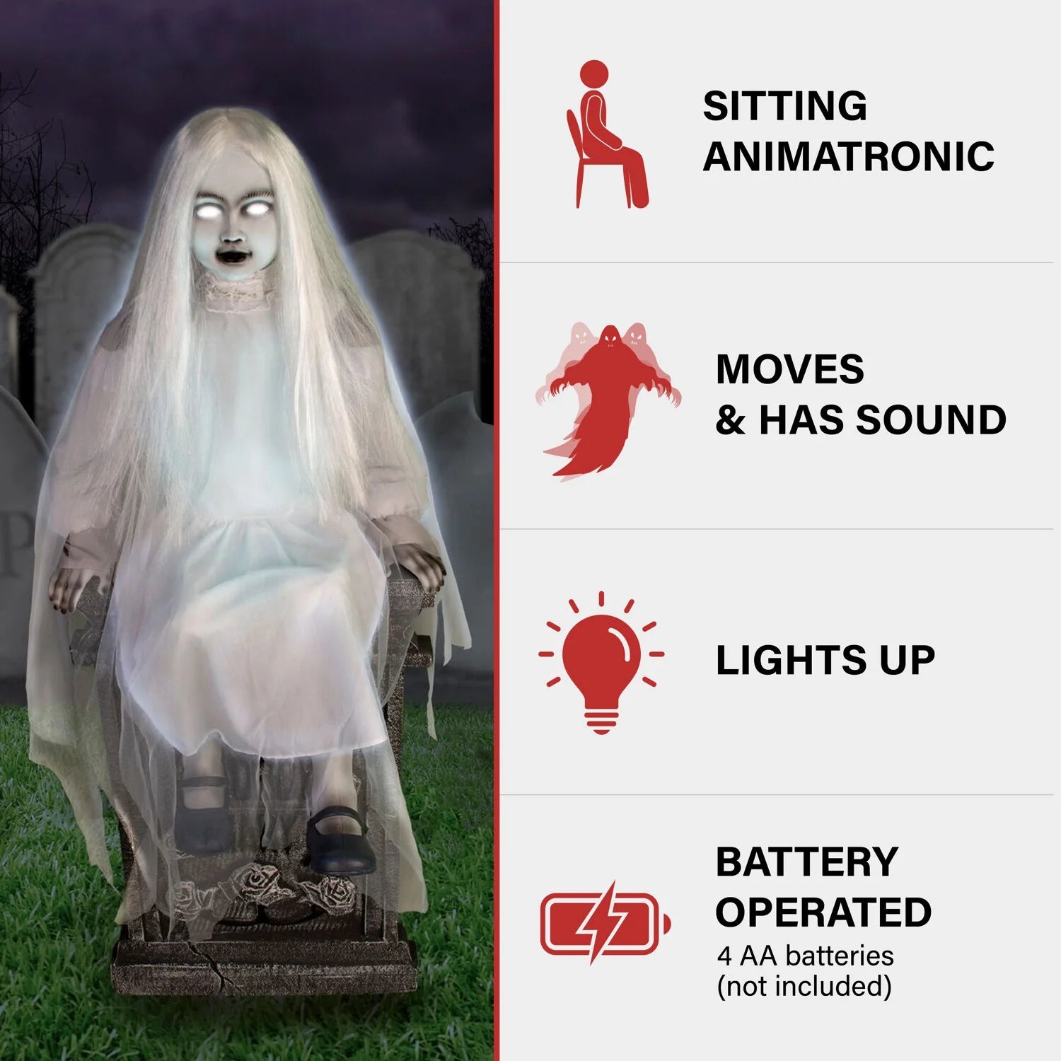 Motion-Activated 4 Ft Sitting Tombstone Girl by Tekky, Premium Talking Halloween Animatronic, Outdoor/Indoor Plug-In or Battery, HHSTMBGRL-1FLSA