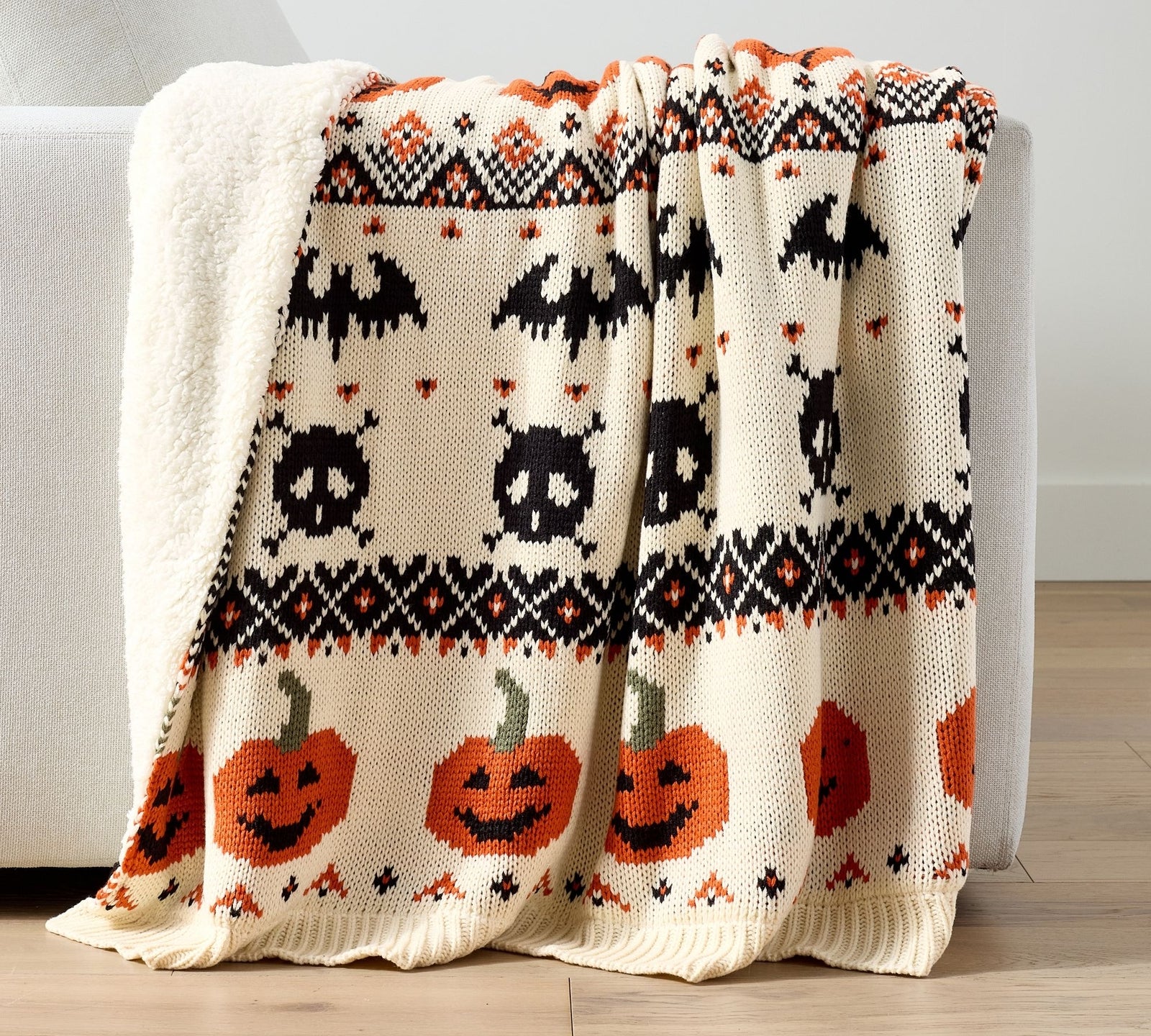 NEW Pottery Barn Halloween Isle Fair Knit Jacquard Sherpa Throw Blanket IVORY