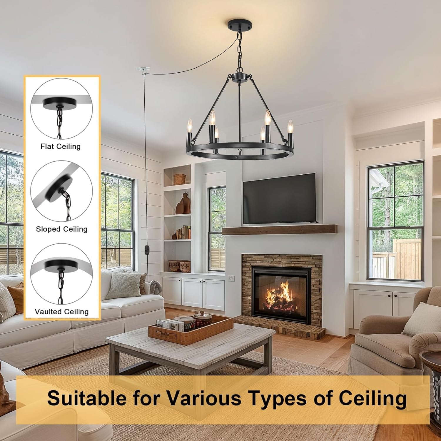 HOXIYA 6 Lights DIMMABLE Plug in Wagon Wheel Chandelier, 20.5" Black