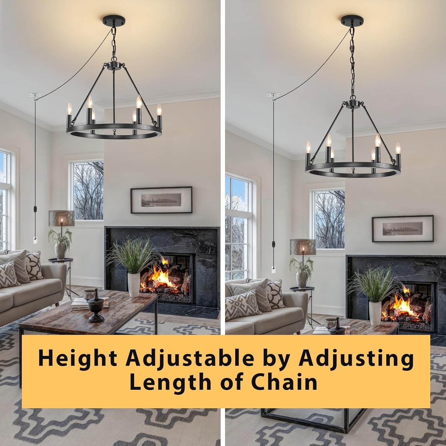 HOXIYA 6 Lights DIMMABLE Plug in Wagon Wheel Chandelier, 20.5" Black