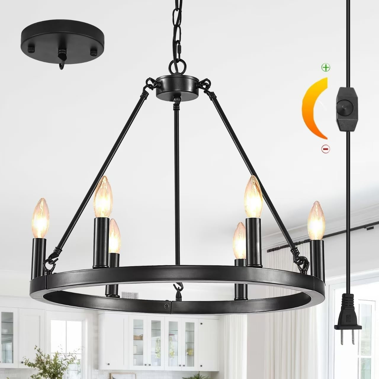 HOXIYA 6 Lights DIMMABLE Plug in Wagon Wheel Chandelier, 20.5" Black