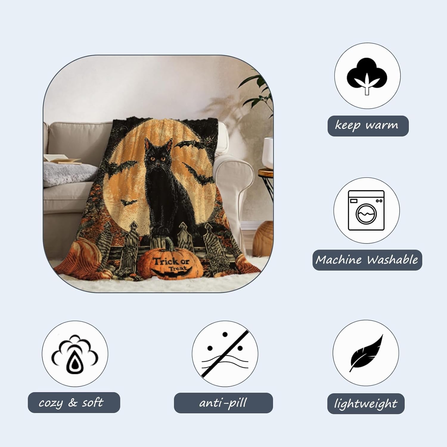 Halloween Throw Blanket Vintage Pumpkin Cat Throw Blanket Lightweight Fuzzy Cozy