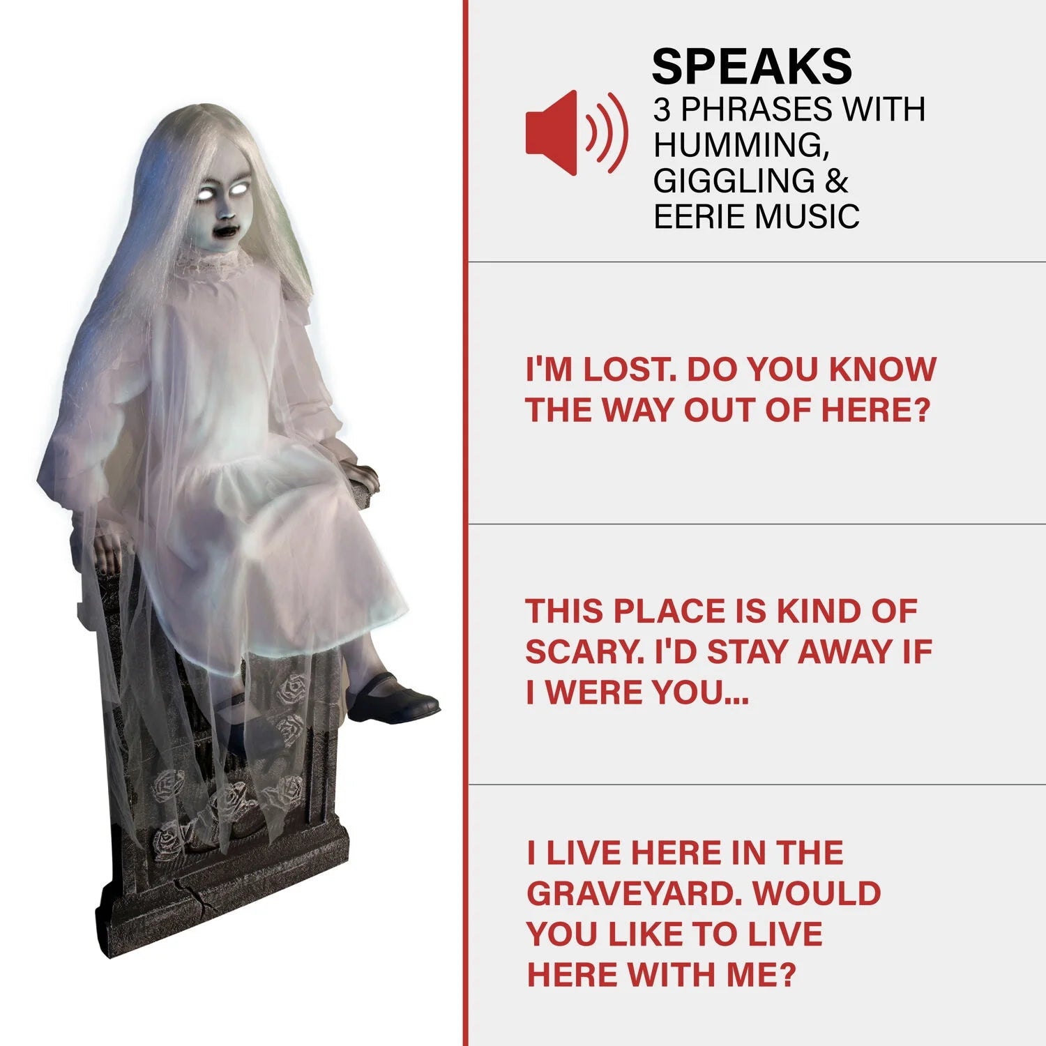 Motion-Activated 4 Ft Sitting Tombstone Girl by Tekky, Premium Talking Halloween Animatronic, Outdoor/Indoor Plug-In or Battery, HHSTMBGRL-1FLSA