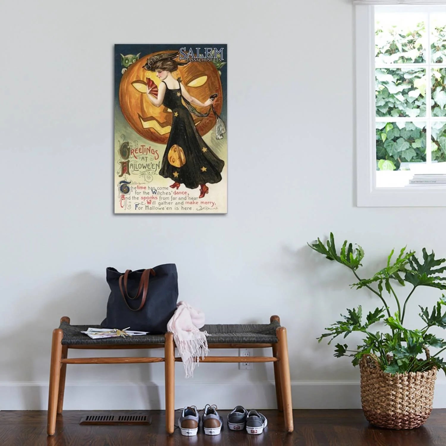 Salem, Massachusetts - Halloween Greeting - Witch Dancing and Pumpkin - Vintage Artwork Stretched Canvas Print Wall Art by Lantern Press, 24" X 36"