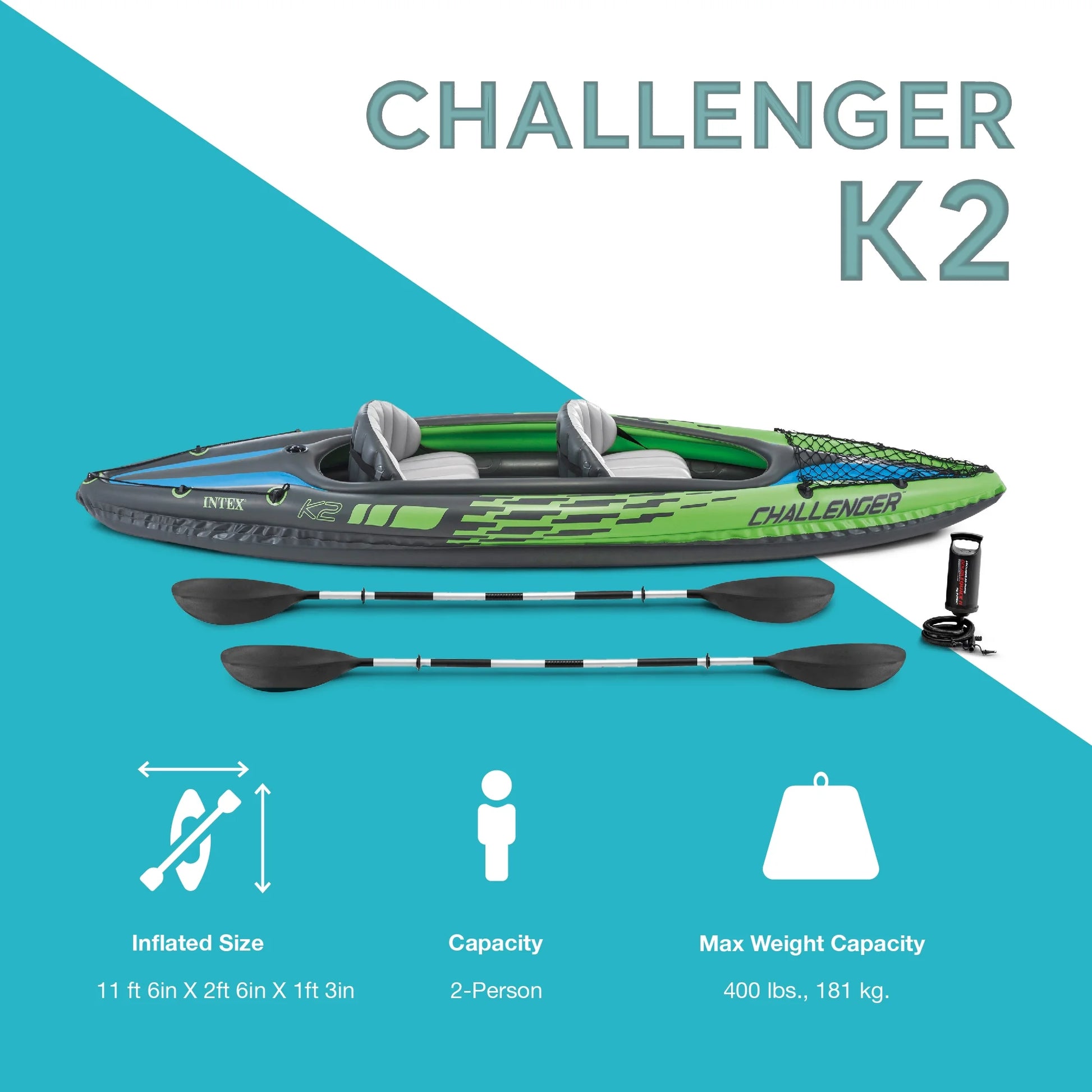Challenger K2 2-Person Inflatable Kayak and Accessory Kit Oars & Pump