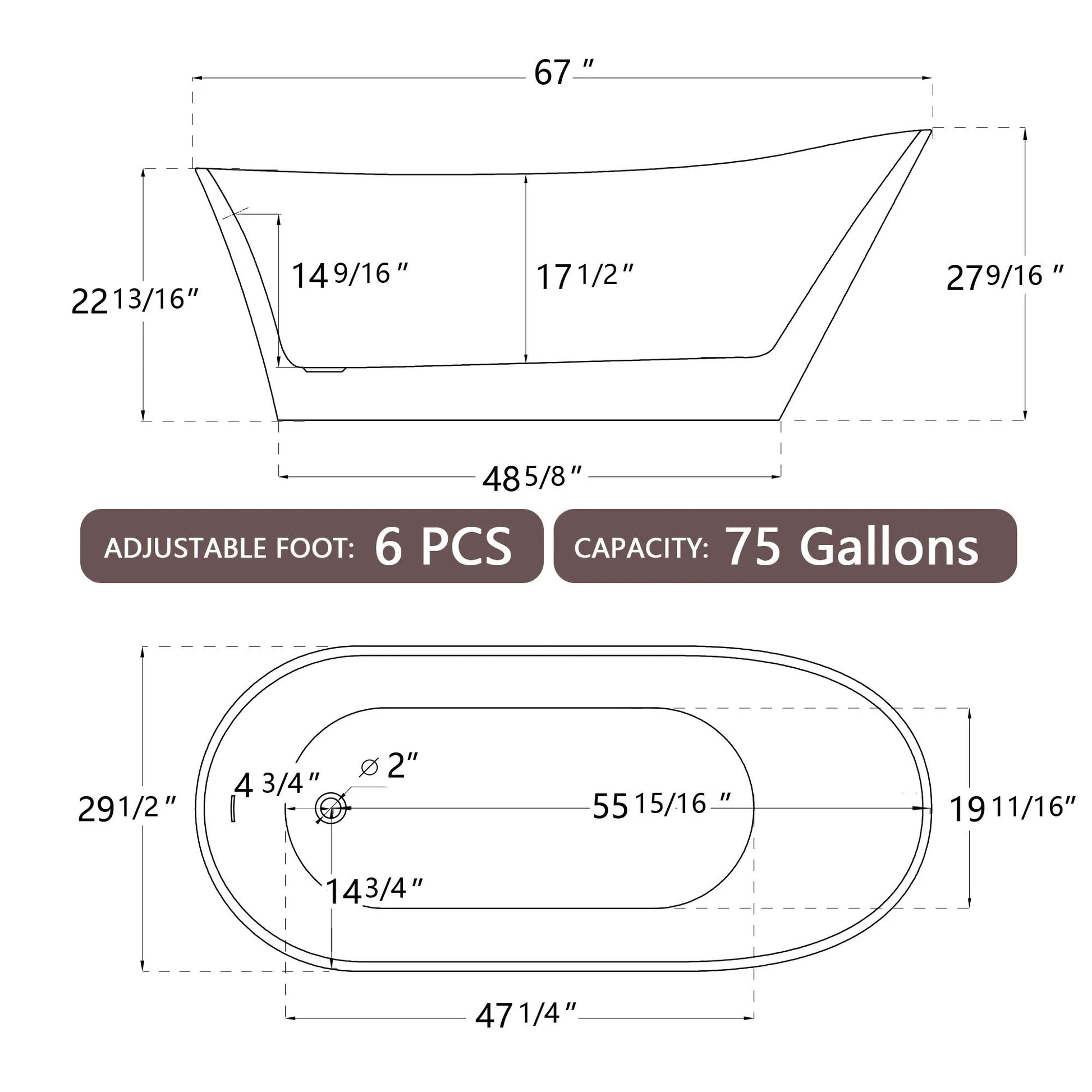 67" Acrylic Freestanding Bathtub, Matte Grey Modern Stand Alone Soaking Bathtub, Brushed Nickel Drain and Minimalist Linear Desi