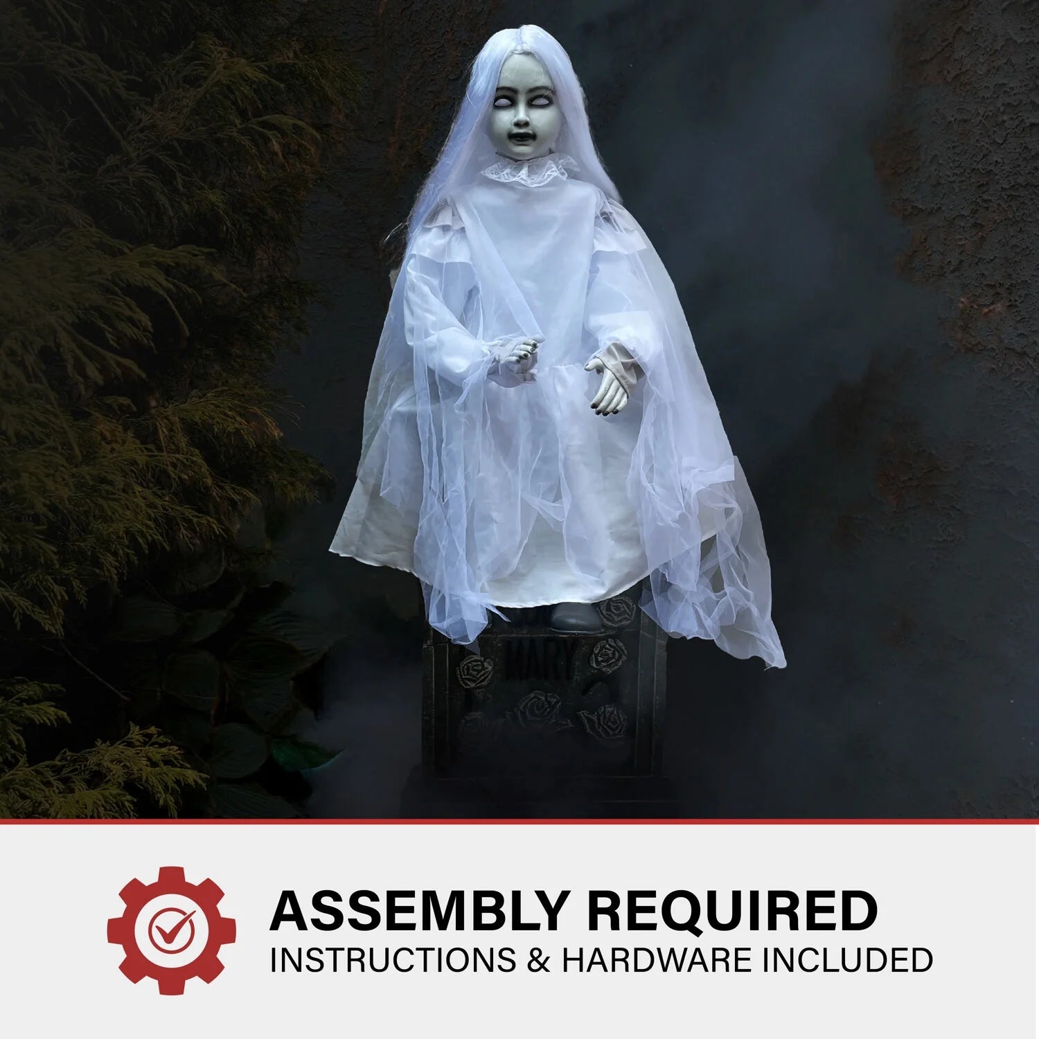 Motion-Activated 4 Ft Sitting Tombstone Girl by Tekky, Premium Talking Halloween Animatronic, Outdoor/Indoor Plug-In or Battery, HHSTMBGRL-1FLSA