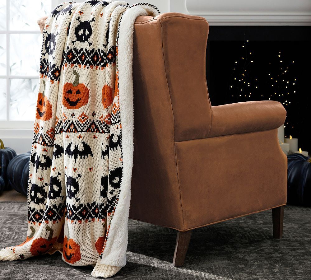 NEW Pottery Barn Halloween Isle Fair Knit Jacquard Sherpa Throw Blanket IVORY