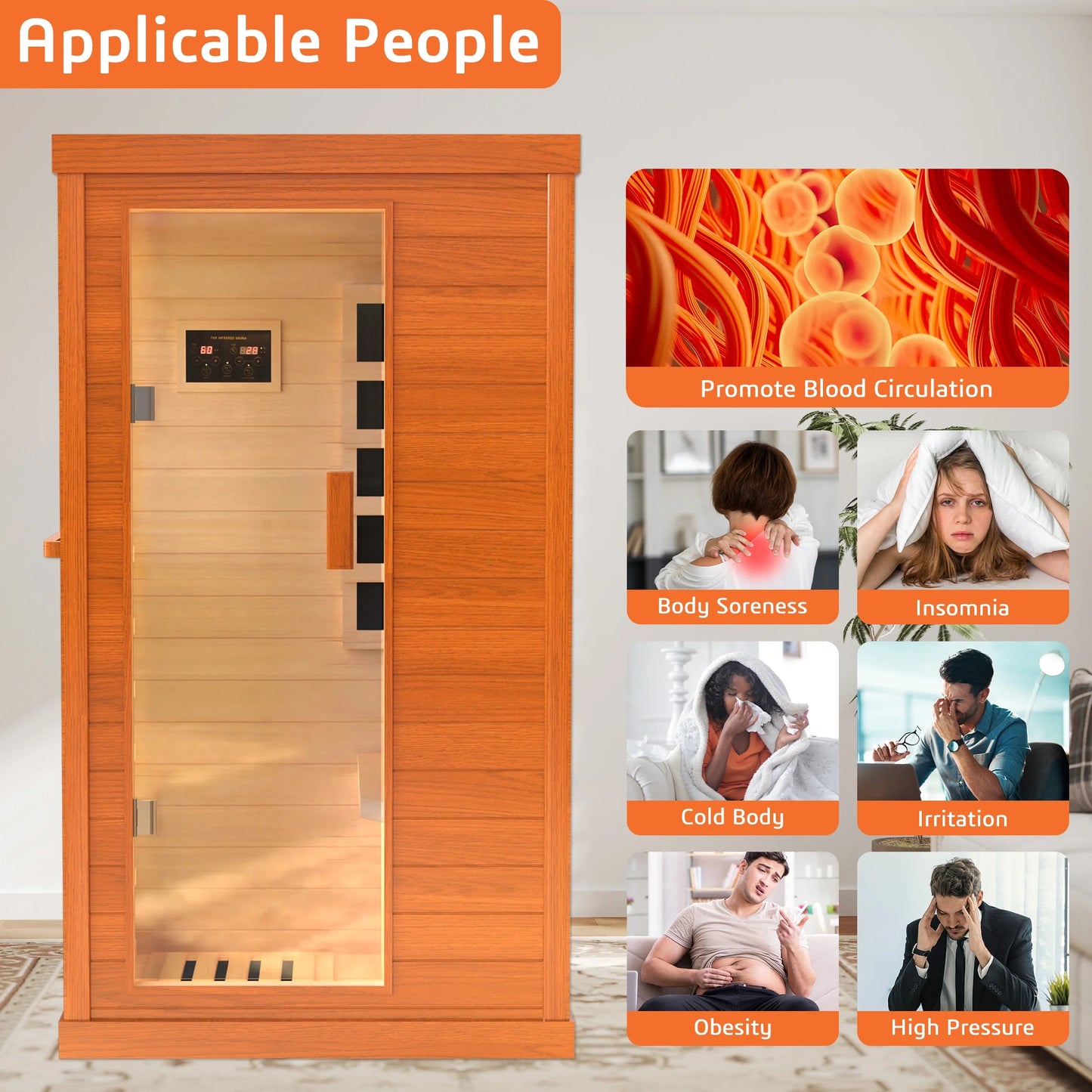 1 Person Infrared Sauna, Okoume Wood Far Infrared Saunas for Home, 900Watt Indoor Personal Sauna Room Box with Control Panel, Glass Door, Blue-Tooth