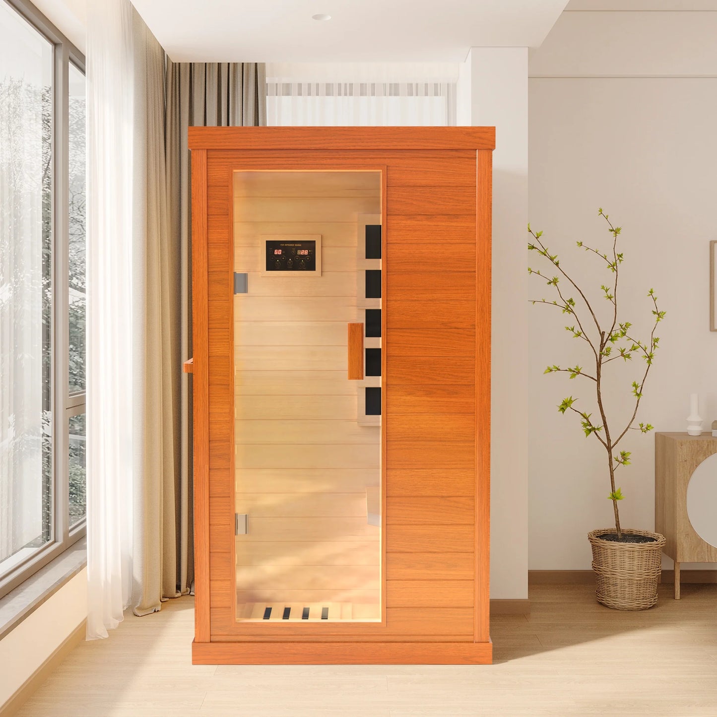 1 Person Infrared Sauna, Okoume Wood Far Infrared Saunas for Home, 900Watt Indoor Personal Sauna Room Box with Control Panel, Glass Door, Blue-Tooth