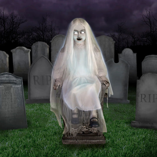 Motion-Activated 4 Ft Sitting Tombstone Girl by Tekky, Premium Talking Halloween Animatronic, Outdoor/Indoor Plug-In or Battery, HHSTMBGRL-1FLSA